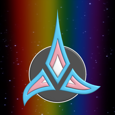 A Klingon emblem in transgender pride colours.